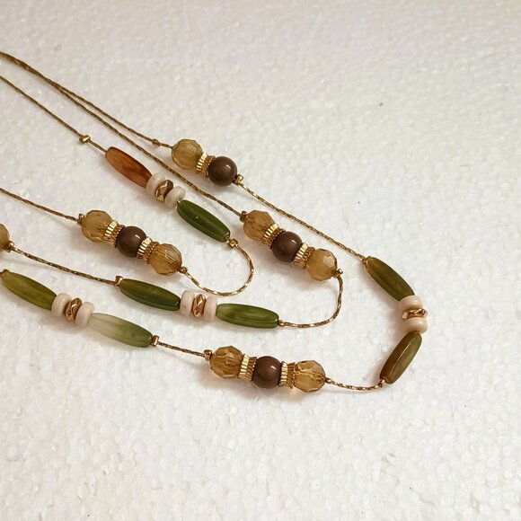 NY & Co Multi Strand Beaded Necklace 24" Layered Gold Green & Brown Tones - Picture 4 of 9
